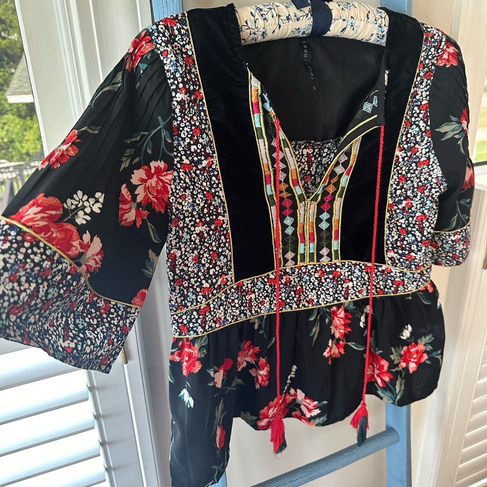 Anthropologie “Banjara” Velvet Embroidered Tassel Top